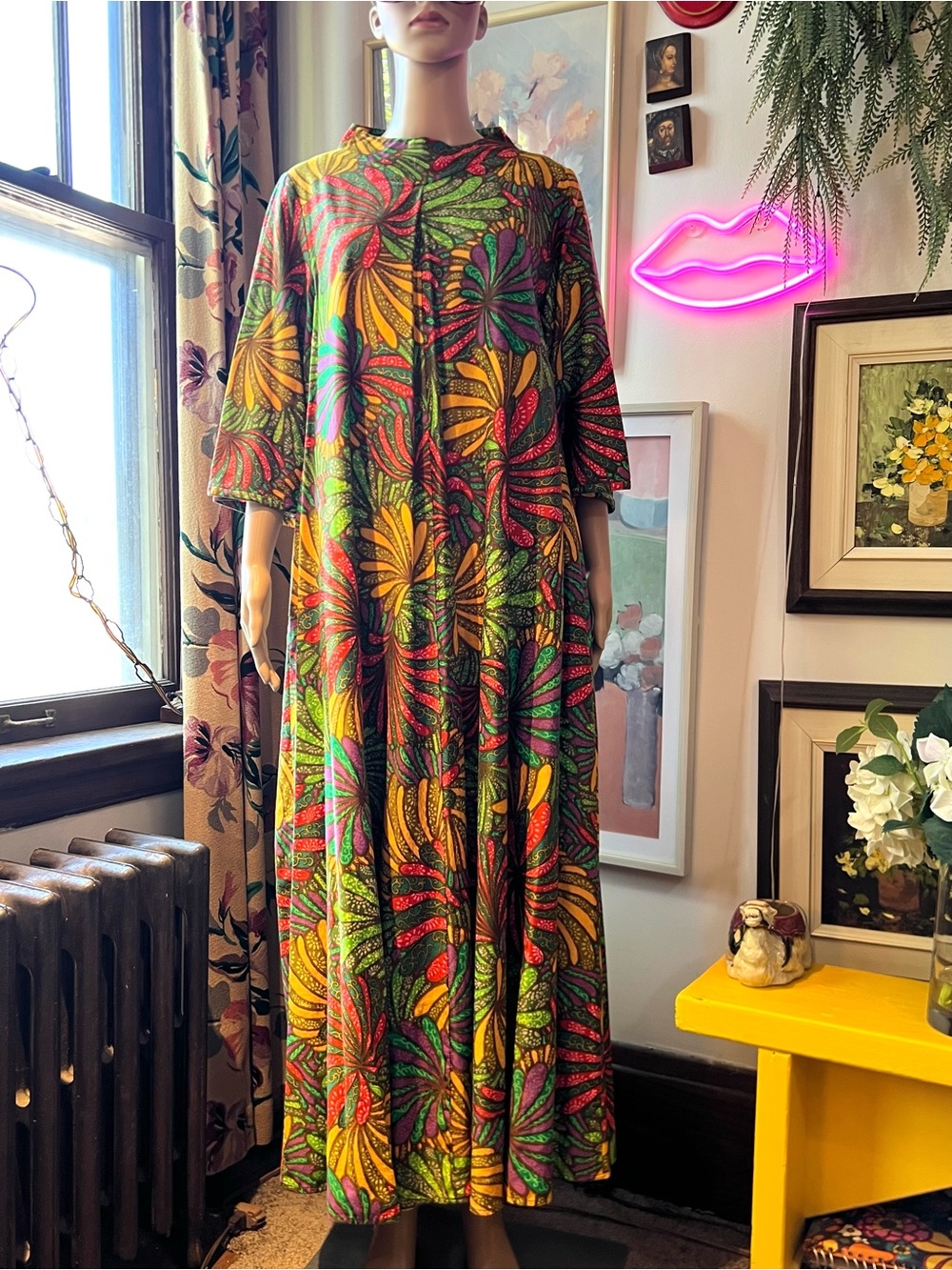 Vintage Multicolor Floral Maxi Dress in Green, Yellow & Red